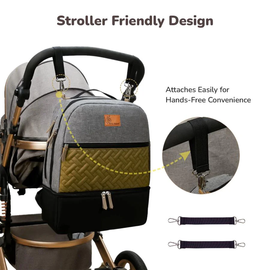 Caramello Truffle – Large Capacity Diaper Bag with Stroller Attachment - Black Mustard - Image 6