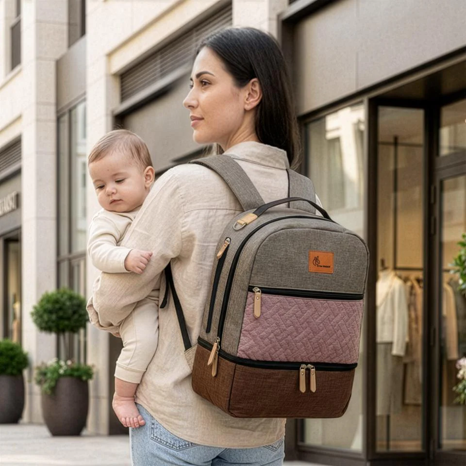 Caramello Truffle – Large Capacity Diaper Bag with Stroller Attachment - Grey Pink