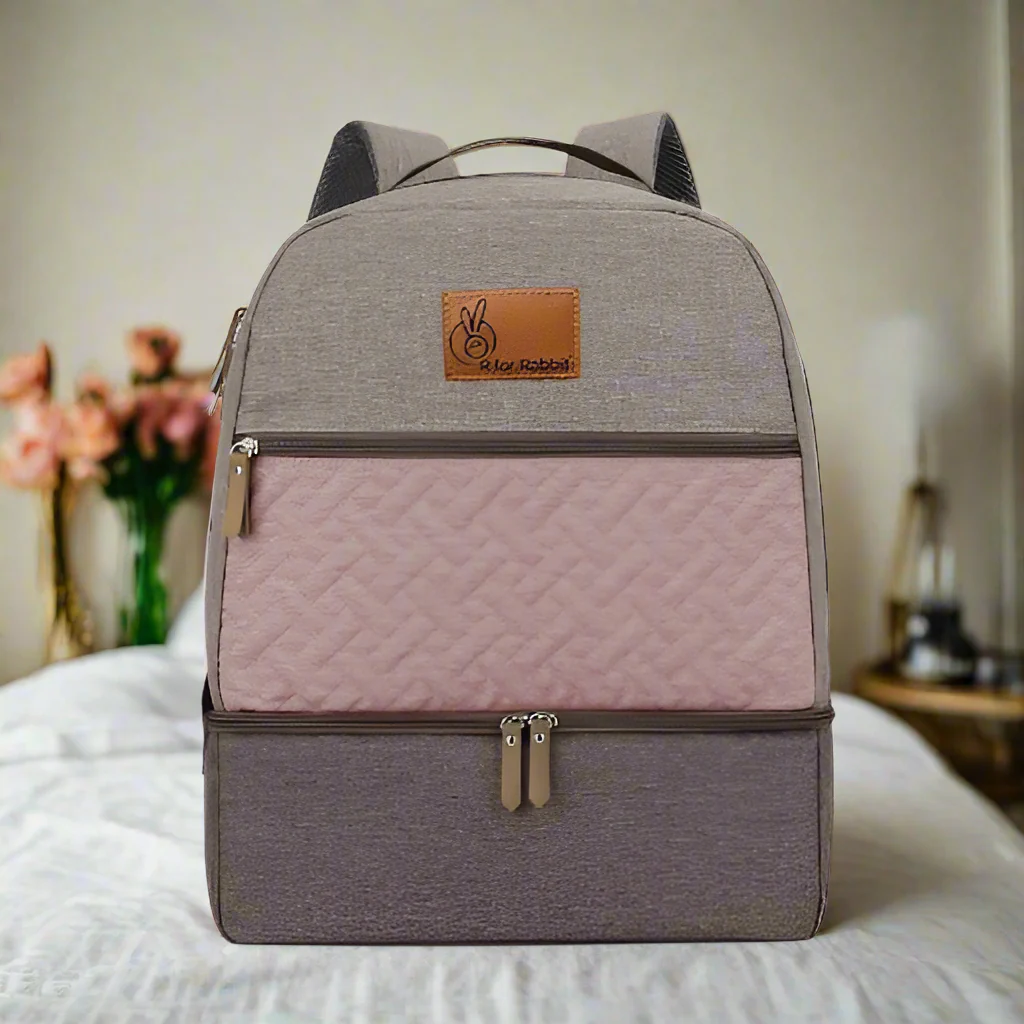 Caramello Truffle – Large Capacity Diaper Bag with Stroller Attachment - Grey Pink - Image 2