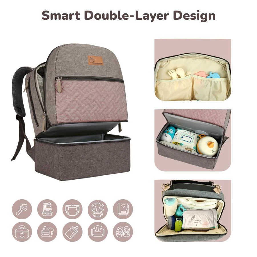 Caramello Truffle – Large Capacity Diaper Bag with Stroller Attachment - Grey Pink - Image 3