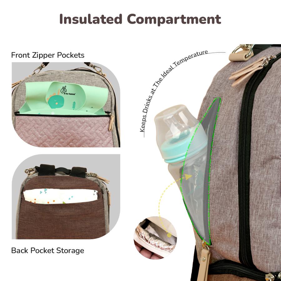 Caramello Truffle – Large Capacity Diaper Bag with Stroller Attachment - Grey Pink - Image 5