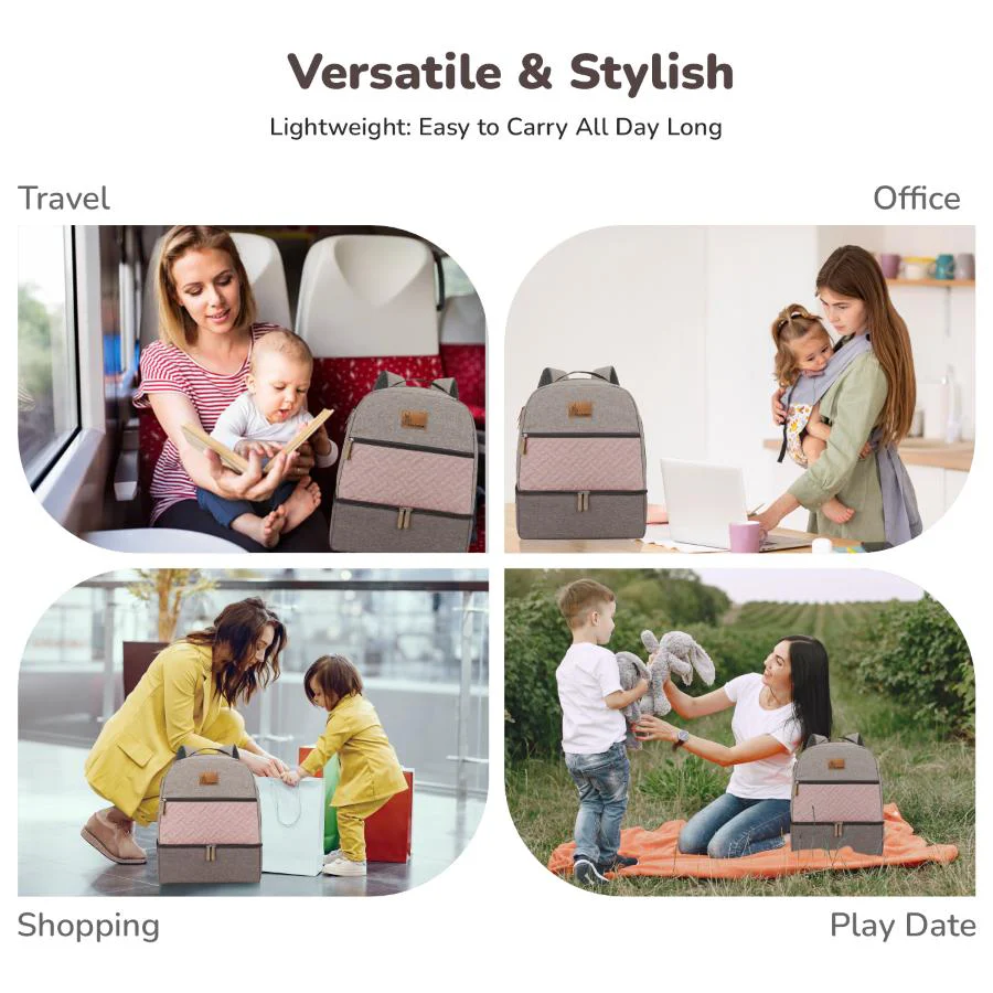 Caramello Truffle – Large Capacity Diaper Bag with Stroller Attachment - Grey Pink - Image 6