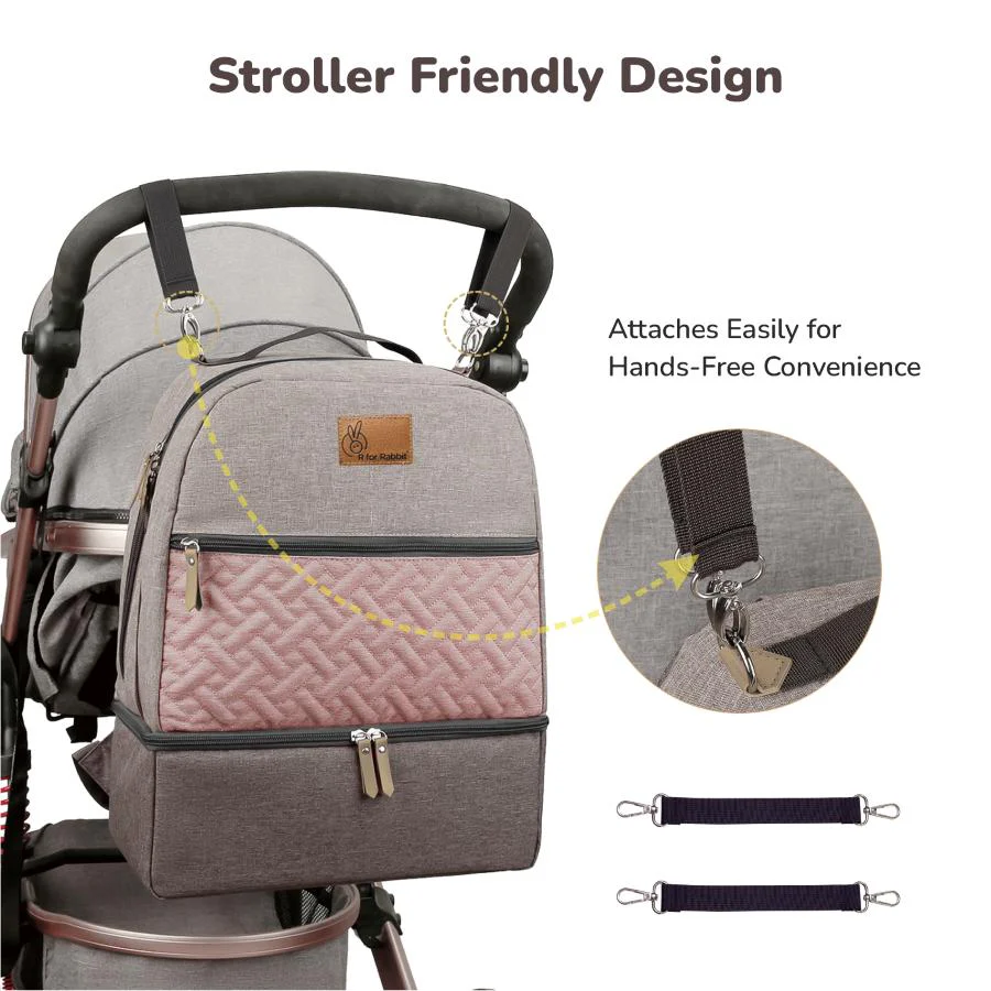 Caramello Truffle – Large Capacity Diaper Bag with Stroller Attachment - Grey Pink - Image 7