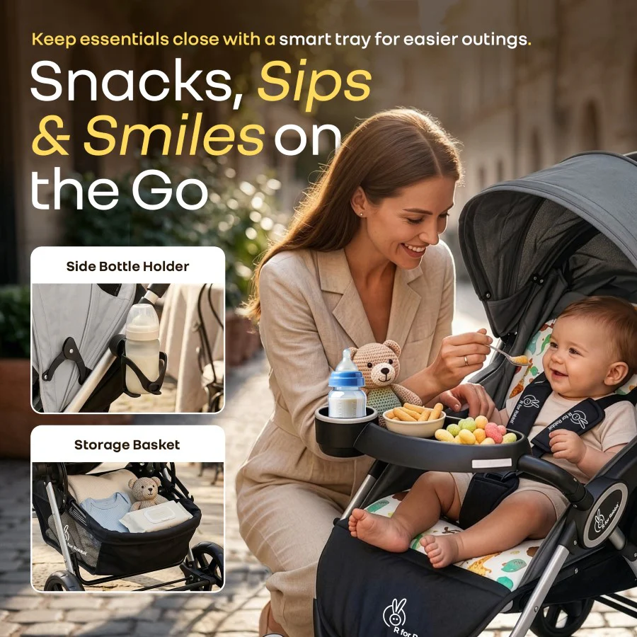 Chocolate Ride Stroller For Kids Reversible Handle, Multiple Recline Positions, Cup Holder with Meal Tray, 5 Point Safety Harness, Storage Basket - Grey Safari - Image 4