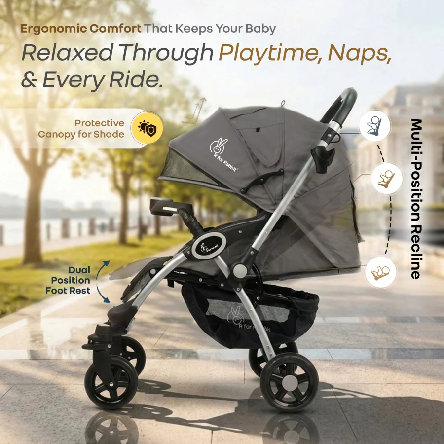 Chocolate Ride Stroller For Kids Reversible Handle, Multiple Recline Positions, Cup Holder with Meal Tray, 5 Point Safety Harness, Storage Basket - Grey Safari - Image 5