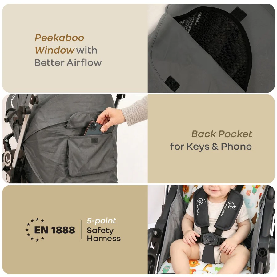 Chocolate Ride Stroller For Kids Reversible Handle, Multiple Recline Positions, Cup Holder with Meal Tray, 5 Point Safety Harness, Storage Basket - Grey Safari - Image 8