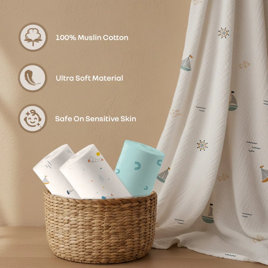 Cuddlez Muslin Baby Swaddle 100% Cotton Baby Swaddle Soft & Breathable Multipurpose Cloth (Pack of 3) - Multicolor Aqua - Image 2