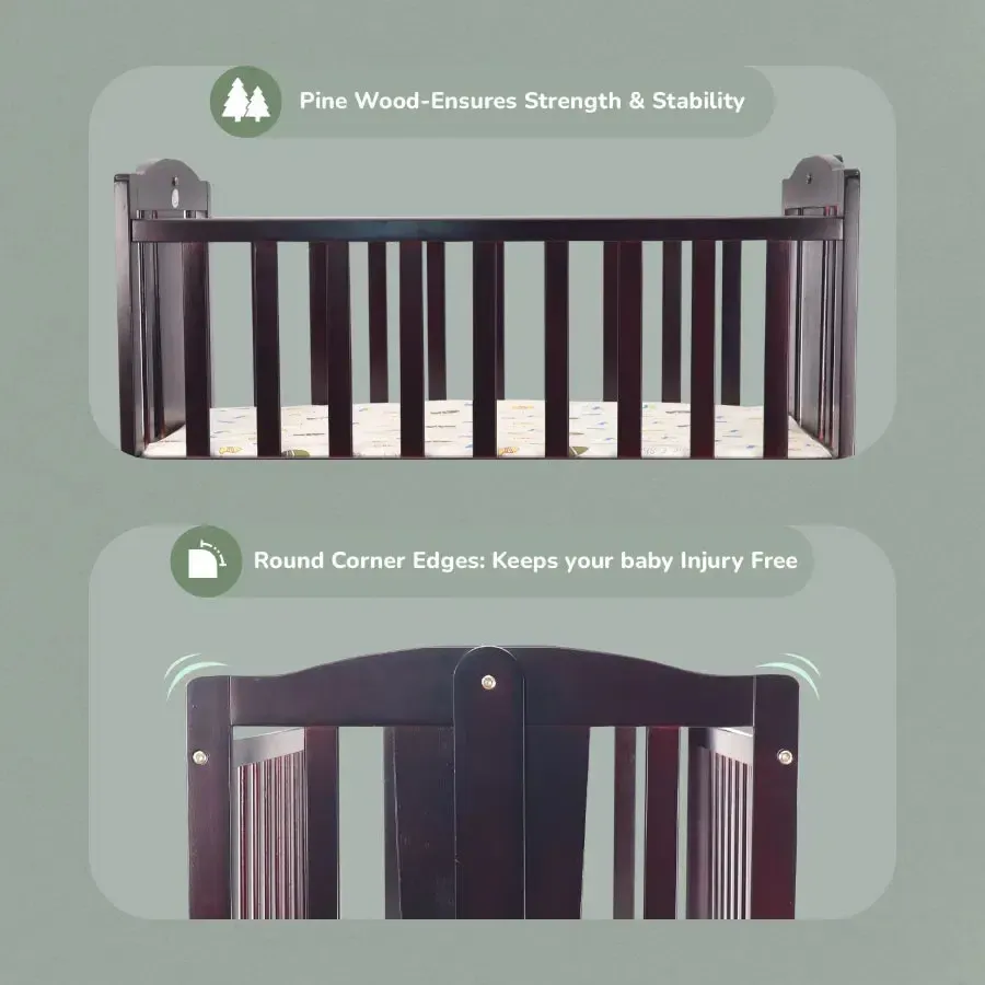 Dream Time Wooden Cradle - Swing & Wheel Lock, High Quality Pine Wood, Scratch Resistant - Brown - Image 3