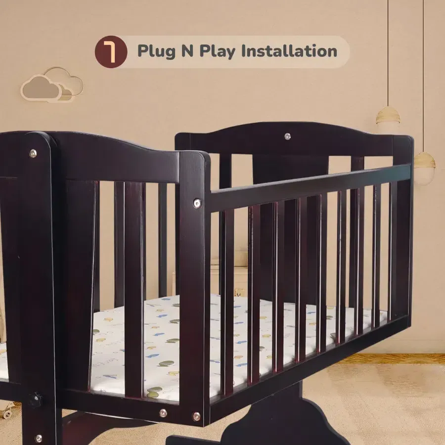 Dream Time Wooden Cradle - Swing & Wheel Lock, High Quality Pine Wood, Scratch Resistant - Brown - Image 7