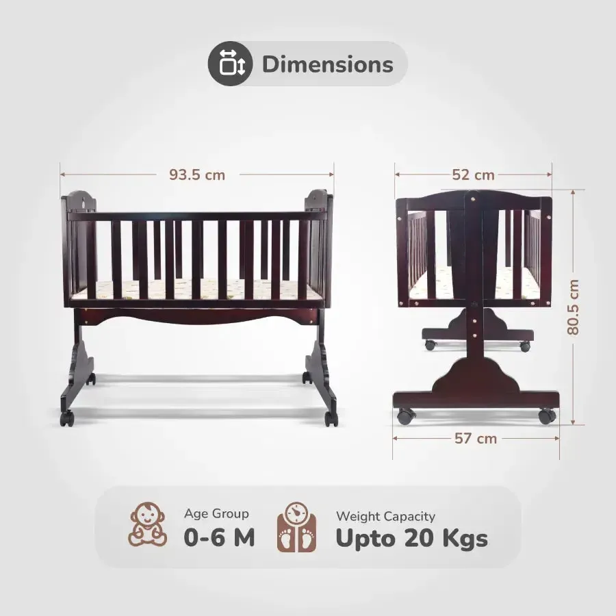Dream Time Wooden Cradle - Swing & Wheel Lock, High Quality Pine Wood, Scratch Resistant - Brown - Image 8