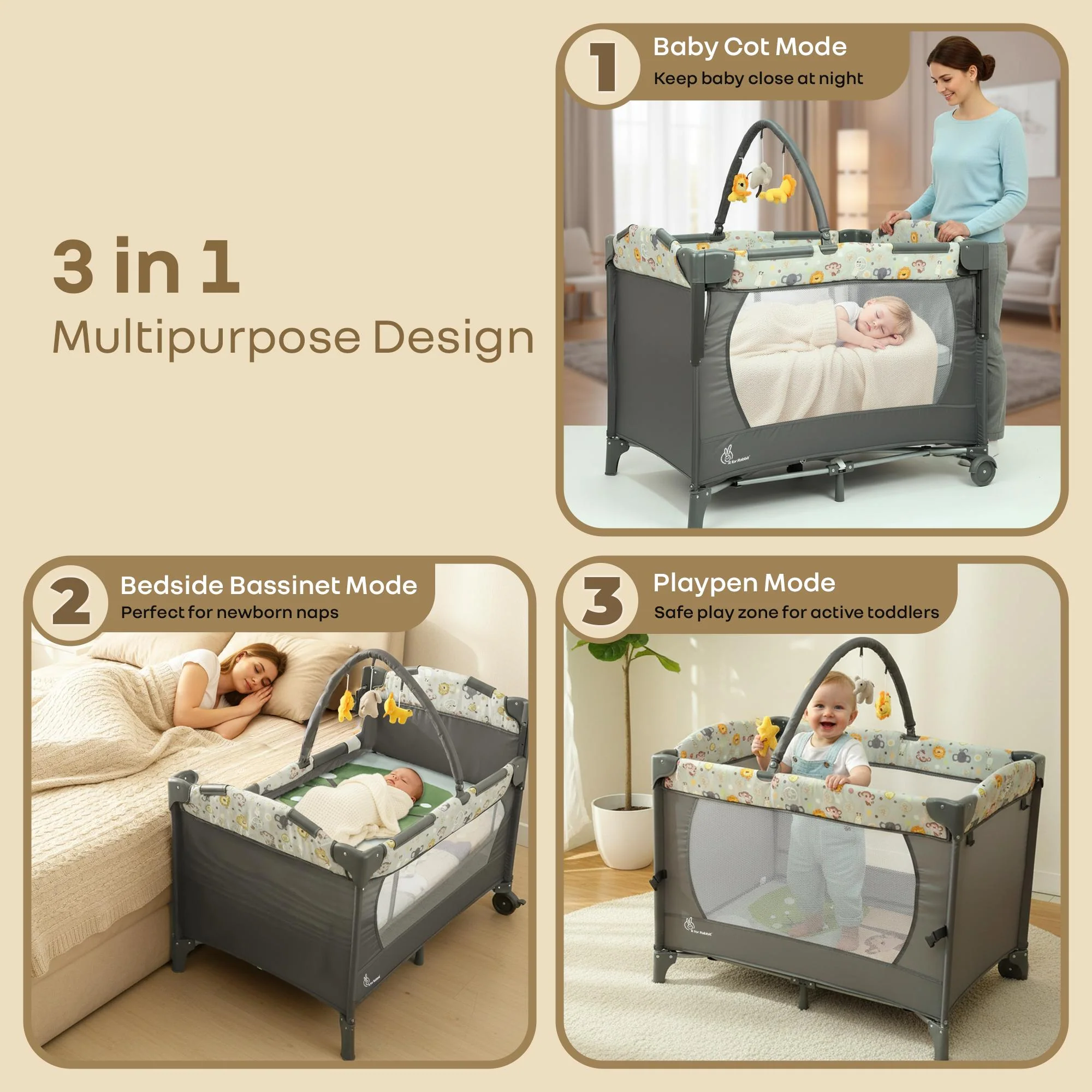Hide N Seek Bliss Baby Cot - Safe, Cozy & Foldable Cot for Babies 0-3 Years - Black Multi - Image 2