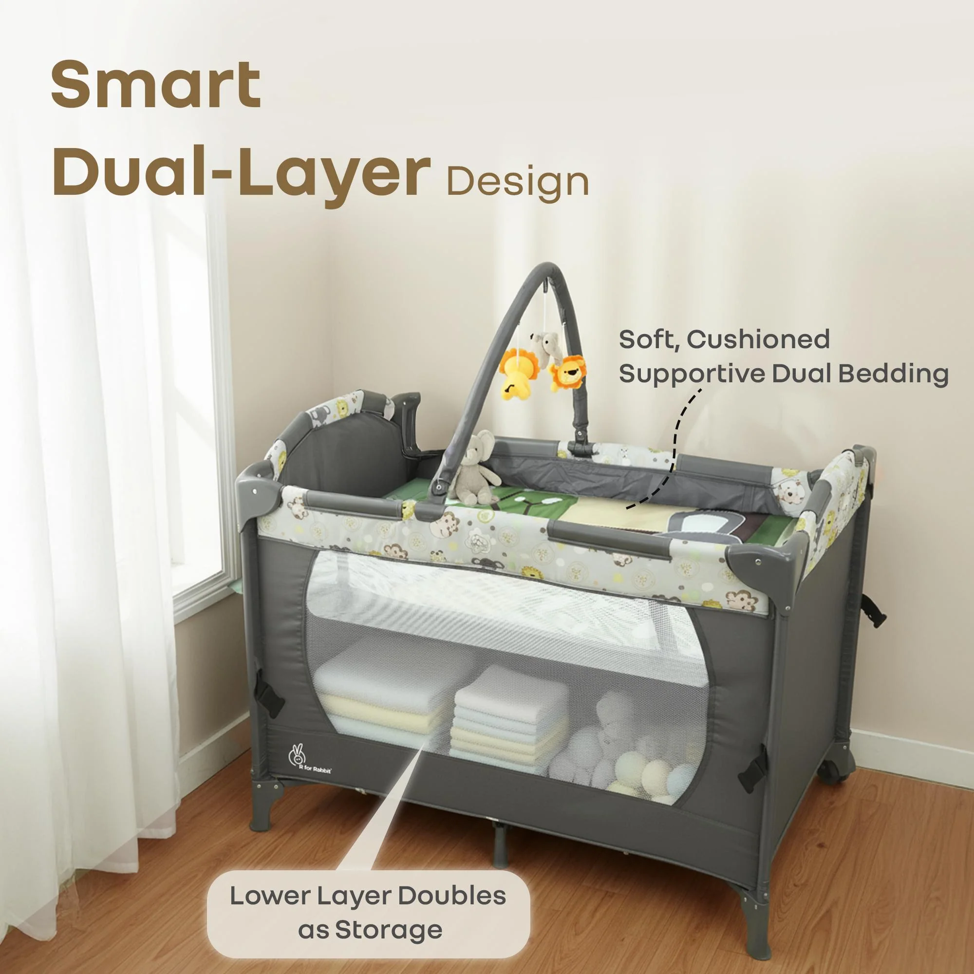Hide N Seek Bliss Baby Cot - Safe, Cozy & Foldable Cot for Babies 0-3 Years - Black Multi - Image 3