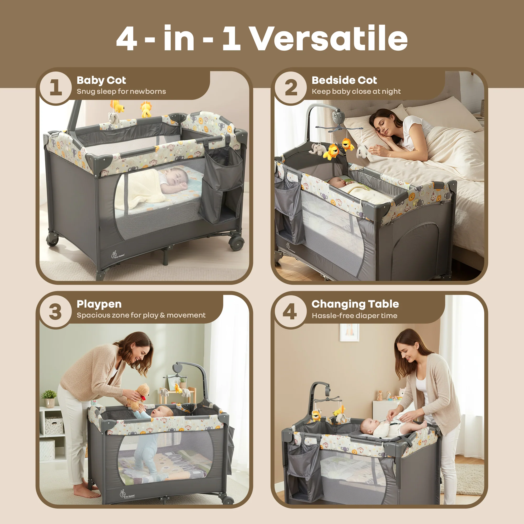 Hide N Seek Multiplay Cot - Convertible Baby Cot with Diaper Changer, Playpen & Travel Bag - Black Multi - Image 2