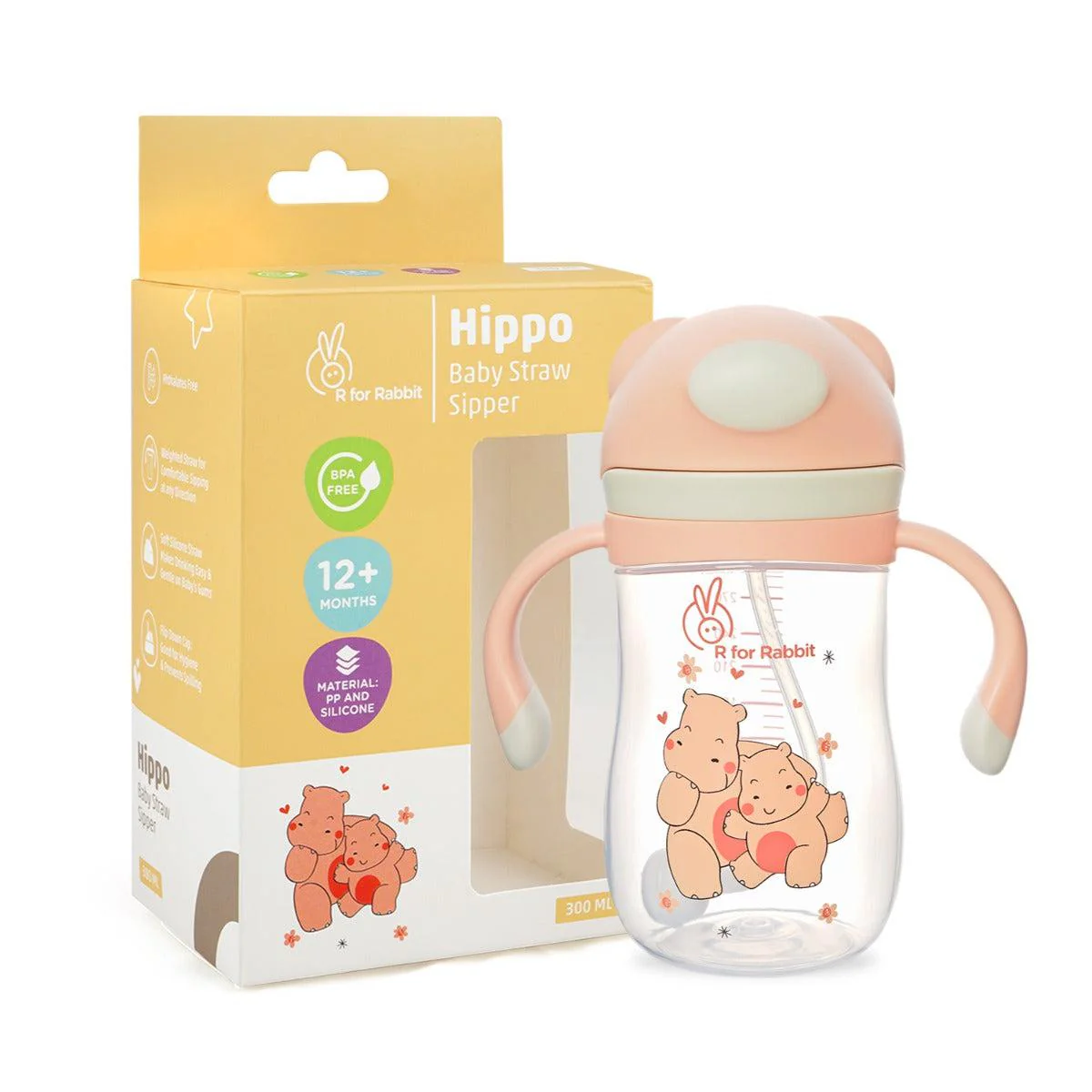 Hippo Straw Sipper Bottle For Babies 300ml - Yellow - Image 2