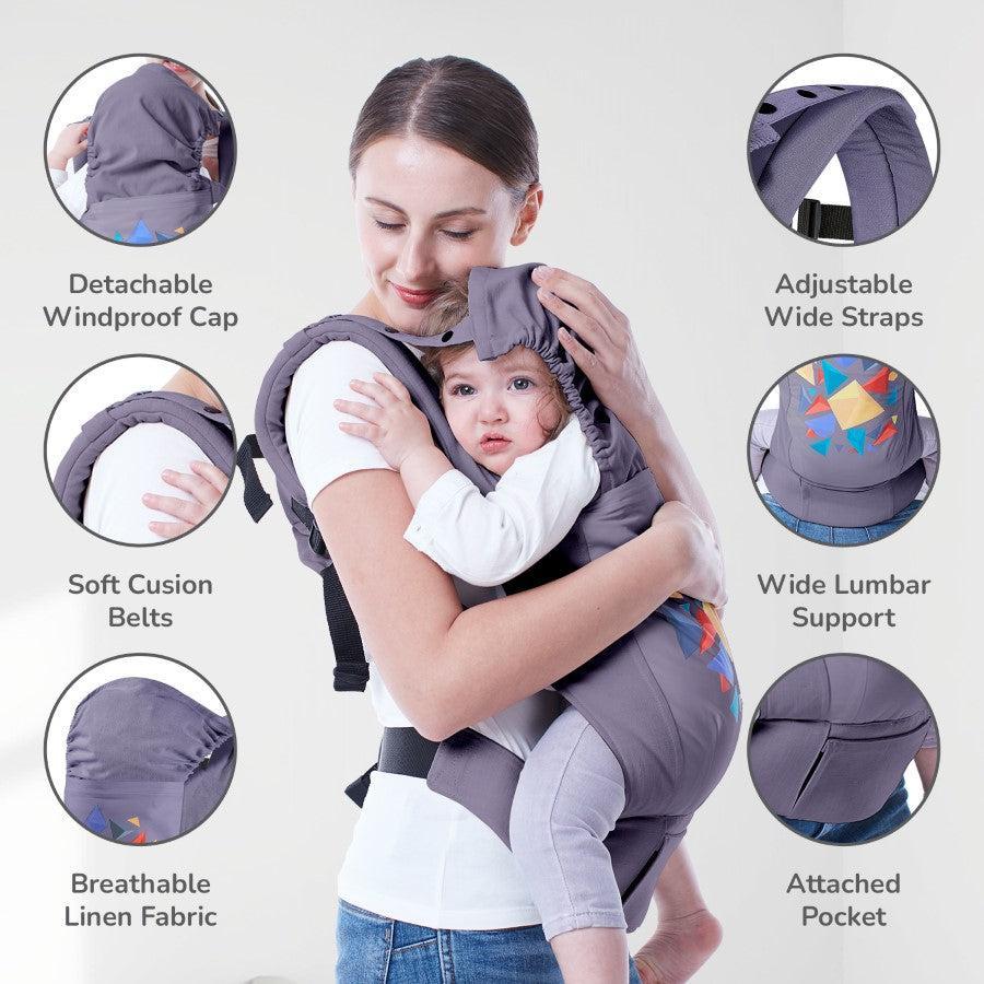 Hug Me Elite Baby Carrier Front & Back Carrier Position, Soft Linen Fabric, Wide Strap With Cap & Mobile Pocket - Dark Grey - Image 4