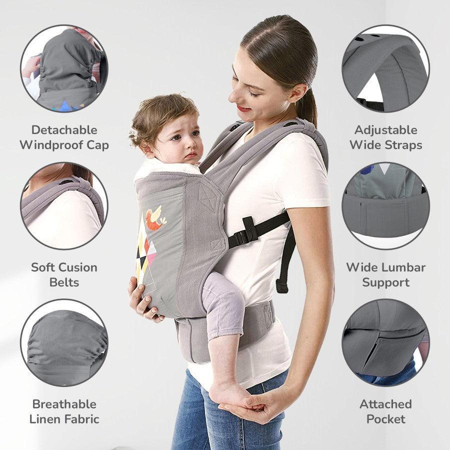Hug Me Elite Baby Carrier Front & Back Carrier Position, Soft Linen Fabric, Wide Strap With Cap & Mobile Pocket - Grey - Image 4