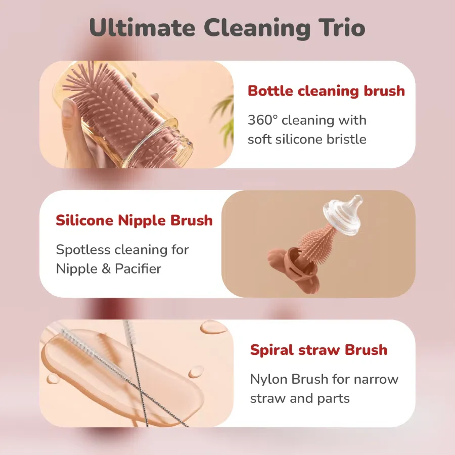 Hygo Care Bunny Baby Feeding Bottle Cleaner 3-in-1 Multipurpose Brush Set - Red - Image 3