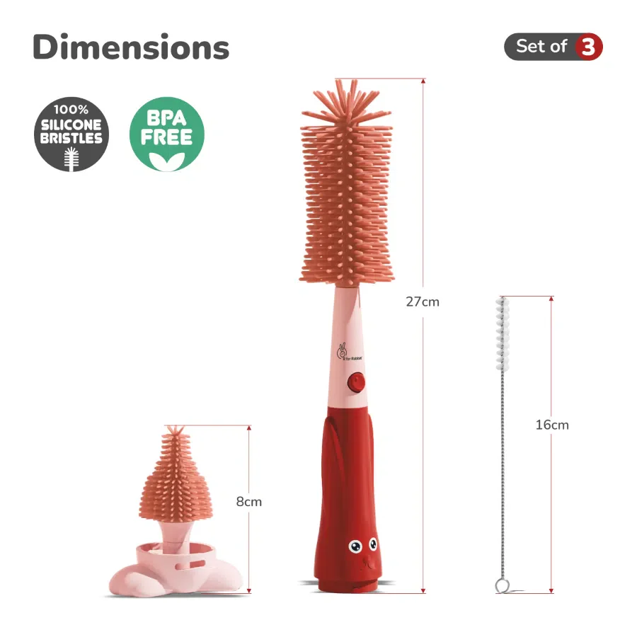 Hygo Care Bunny Baby Feeding Bottle Cleaner 3-in-1 Multipurpose Brush Set - Red - Image 8