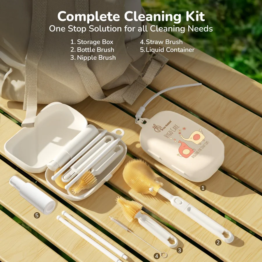 Hygo Care Jumbo Baby Bottle Cleaner Brush Set With Storage Box Removable Draining Tray, Drying Rack - Beige - Image 3