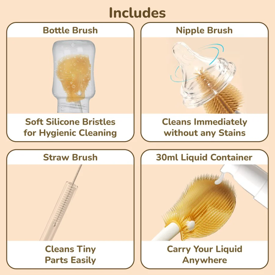 Hygo Care Jumbo Baby Bottle Cleaner Brush Set With Storage Box Removable Draining Tray, Drying Rack - Beige - Image 6