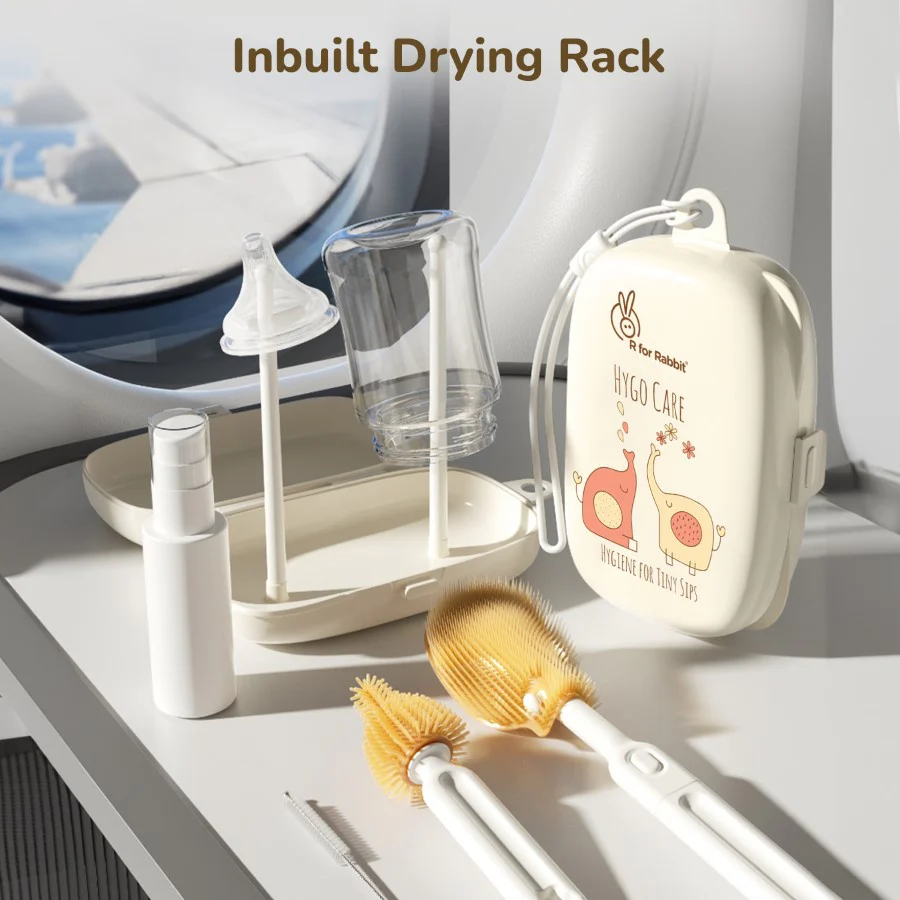 Hygo Care Jumbo Baby Bottle Cleaner Brush Set With Storage Box Removable Draining Tray, Drying Rack - Beige - Image 7