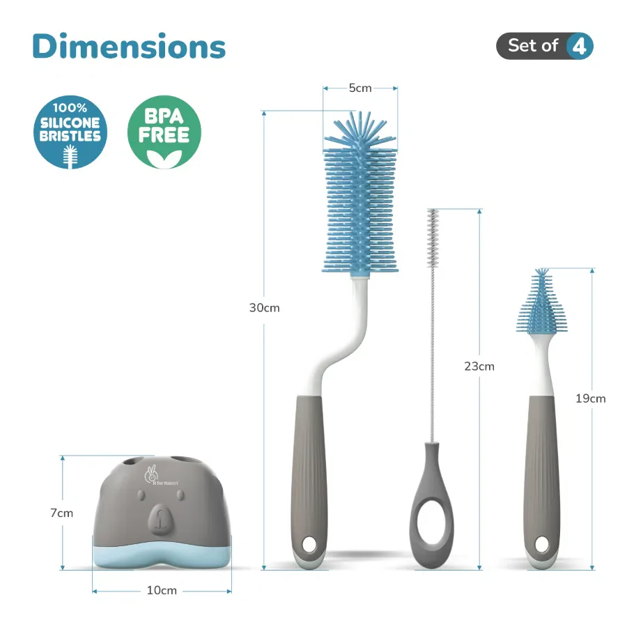 Hygo Care Teddy Baby Feeding Bottle Cleaner Brush Set With Storage Box, Bottle Brush, Straw Brush and Nipple Brush - Grey Blue - Image 9