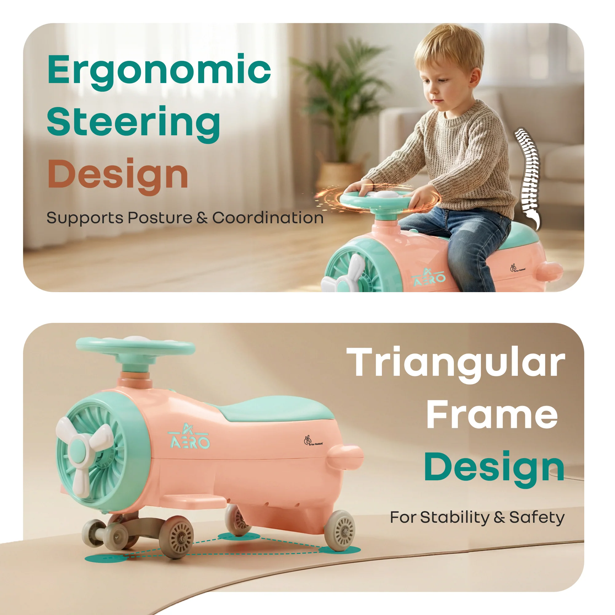 R for Rabbit Iya Iya Aero Ace 2-in-1 Swing Car Ride On for Kids with Toy Storage, Smooth Wheels & ABEC 7 Bearing - Peach Green - Image 3