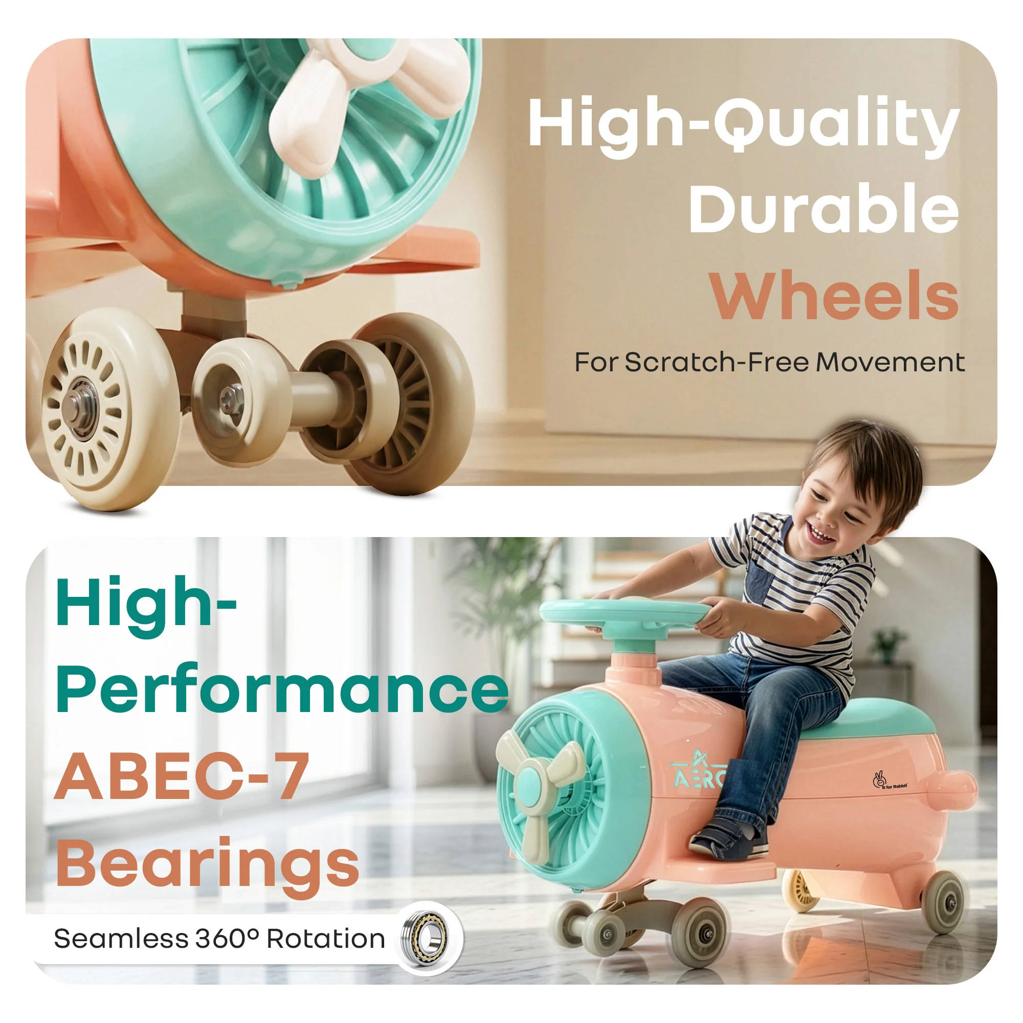 R for Rabbit Iya Iya Aero Ace 2-in-1 Swing Car Ride On for Kids with Toy Storage, Smooth Wheels & ABEC 7 Bearing - Peach Green - Image 4