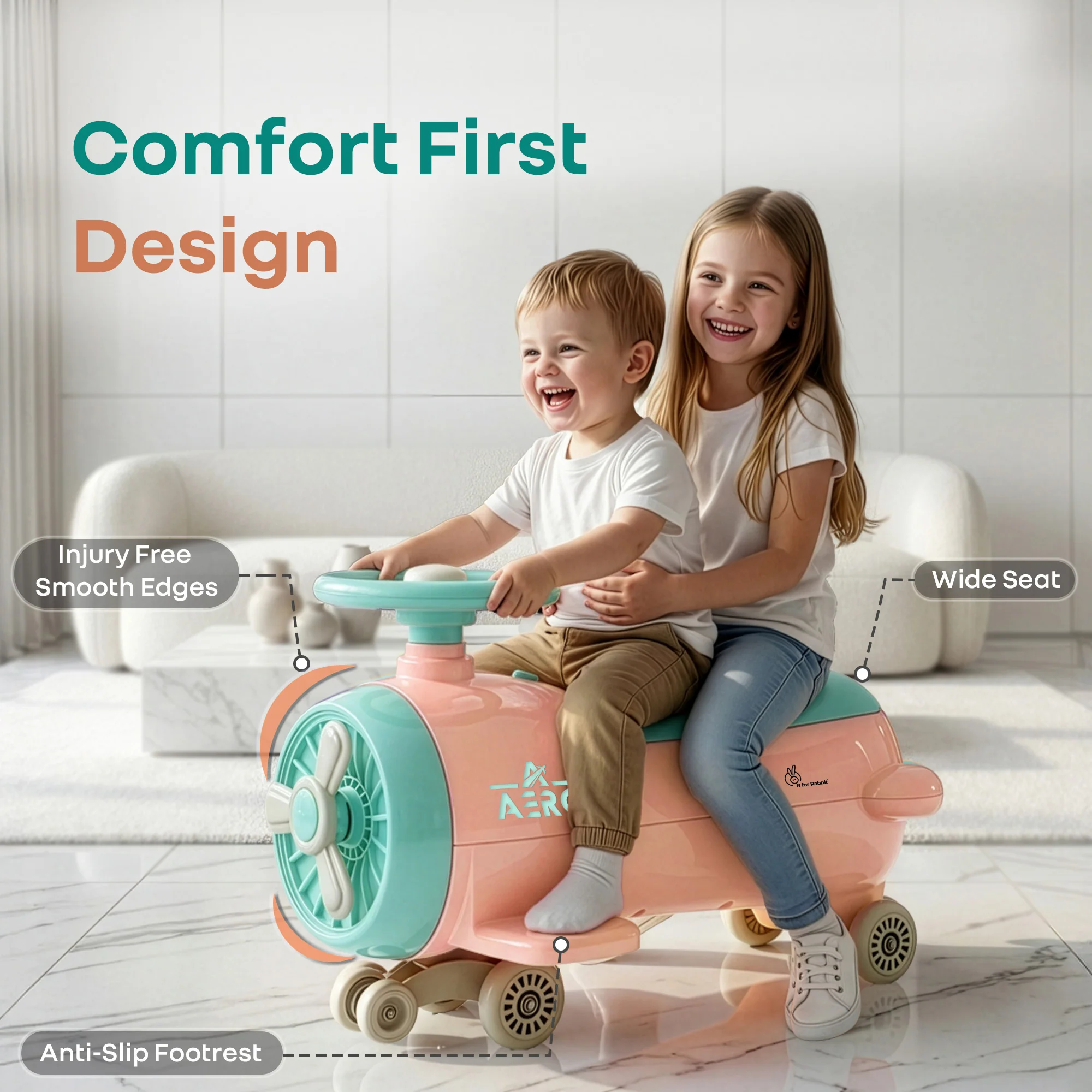 R for Rabbit Iya Iya Aero Ace 2-in-1 Swing Car Ride On for Kids with Toy Storage, Smooth Wheels & ABEC 7 Bearing - Peach Green - Image 5
