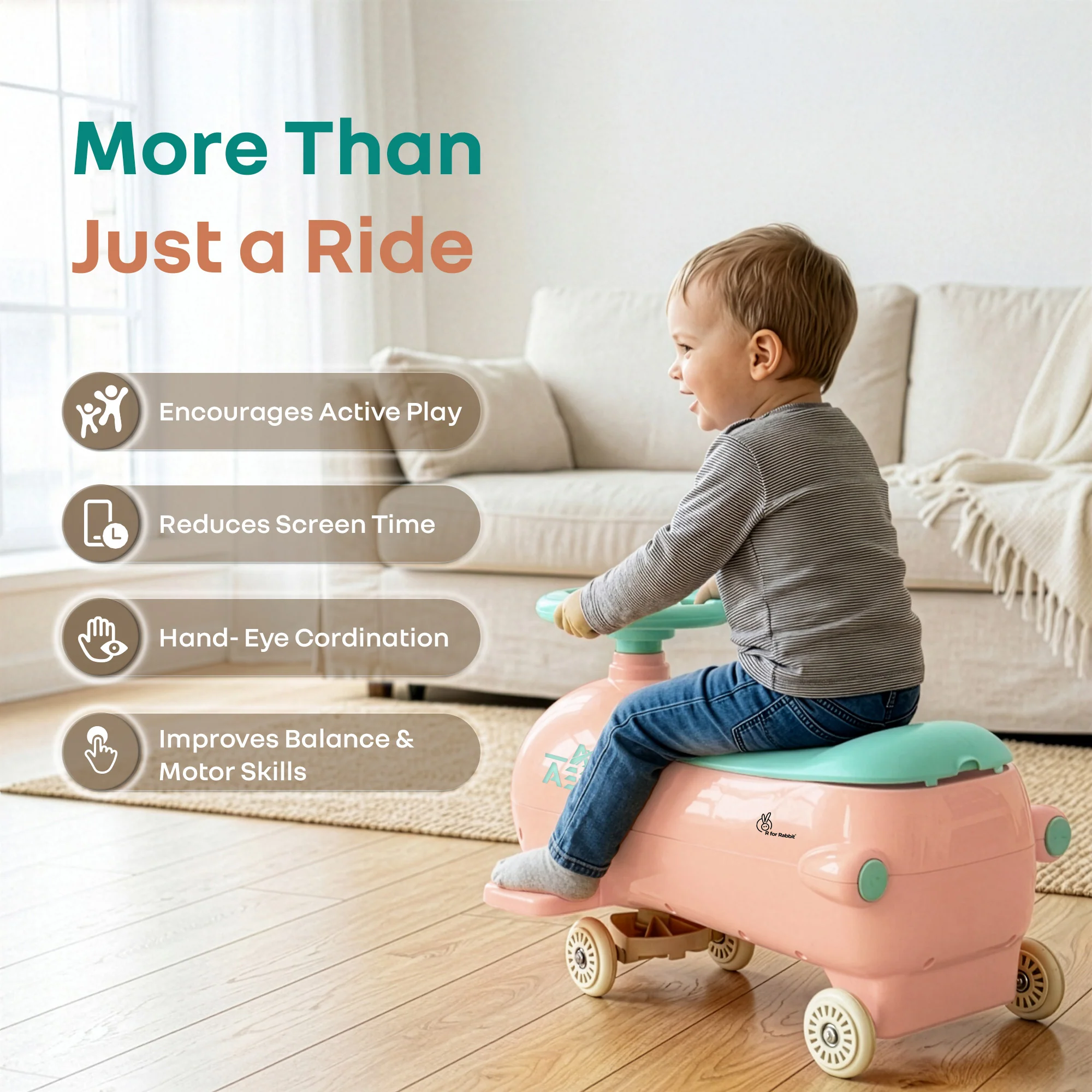 R for Rabbit Iya Iya Aero Ace 2-in-1 Swing Car Ride On for Kids with Toy Storage, Smooth Wheels & ABEC 7 Bearing - Peach Green - Image 6
