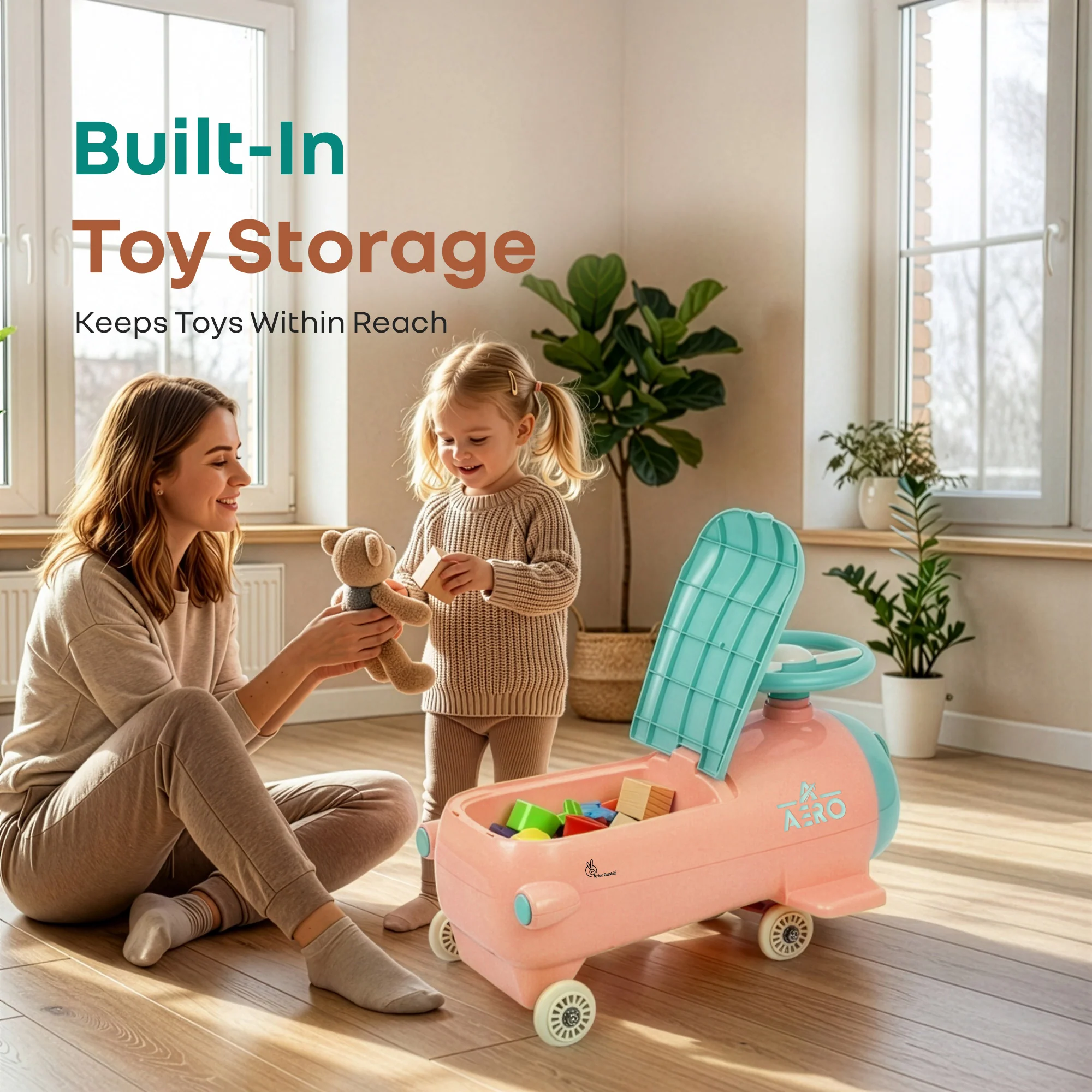 R for Rabbit Iya Iya Aero Ace 2-in-1 Swing Car Ride On for Kids with Toy Storage, Smooth Wheels & ABEC 7 Bearing - Peach Green - Image 7