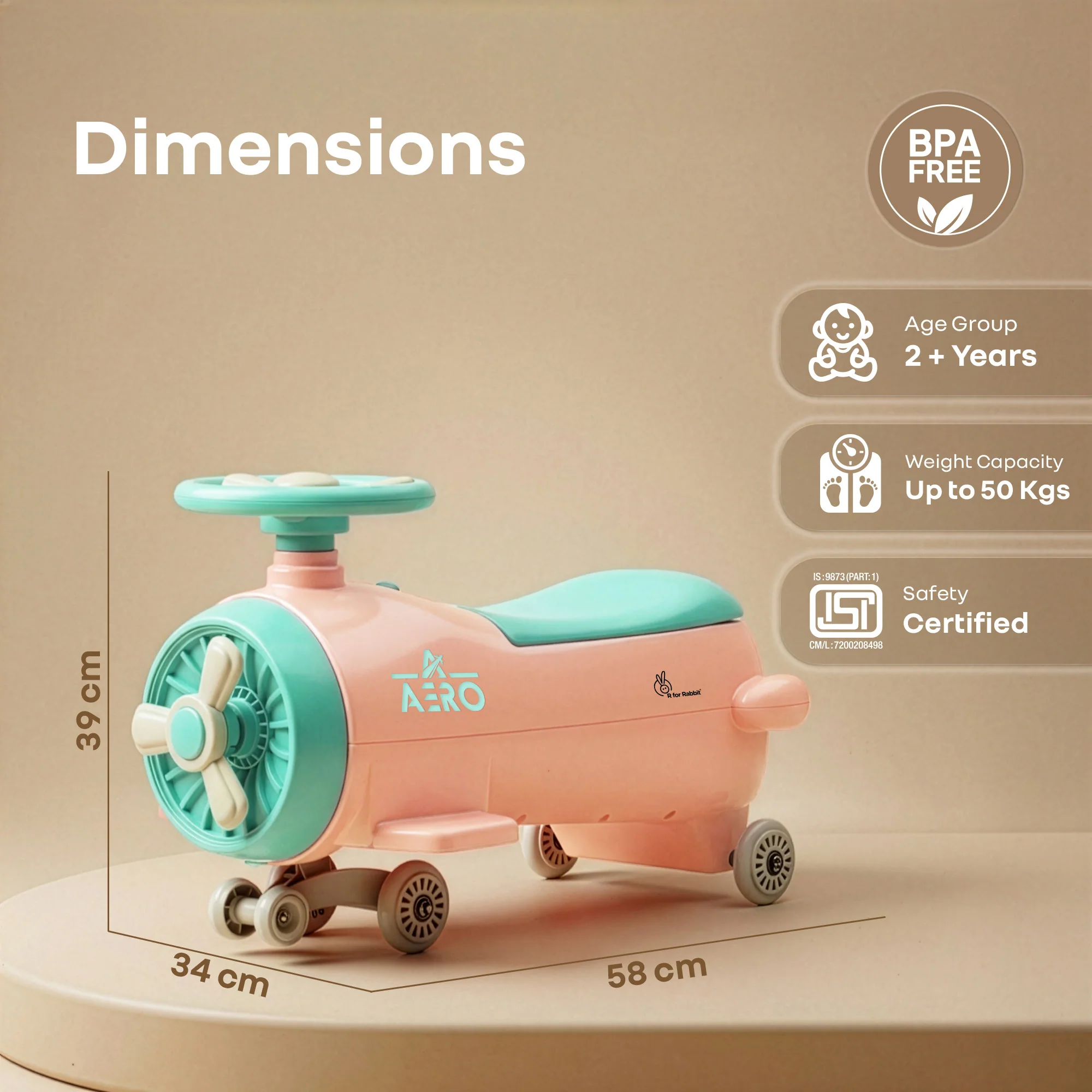 R for Rabbit Iya Iya Aero Ace 2-in-1 Swing Car Ride On for Kids with Toy Storage, Smooth Wheels & ABEC 7 Bearing - Peach Green - Image 8