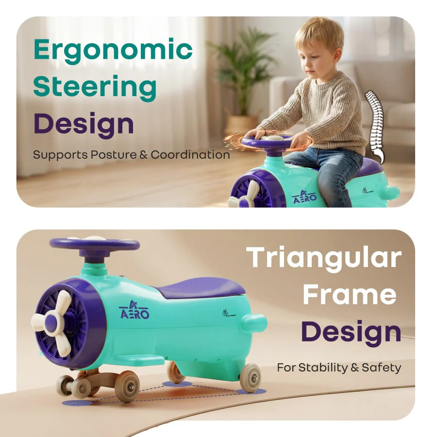 R for Rabbit Iya Iya Aero Ace 2-in-1 Swing Car Ride On for Kids with Toy Storage, Smooth Wheels & ABEC 7 Bearing - Green Purple - Image 3