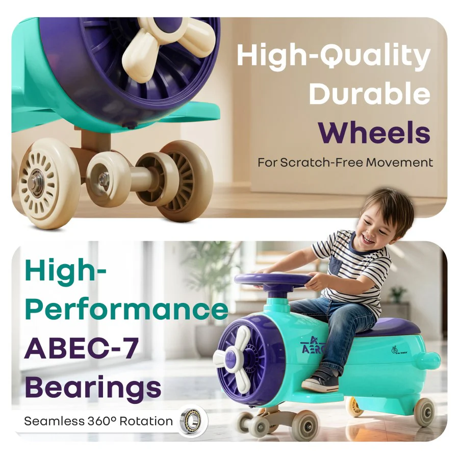 R for Rabbit Iya Iya Aero Ace 2-in-1 Swing Car Ride On for Kids with Toy Storage, Smooth Wheels & ABEC 7 Bearing - Green Purple - Image 4