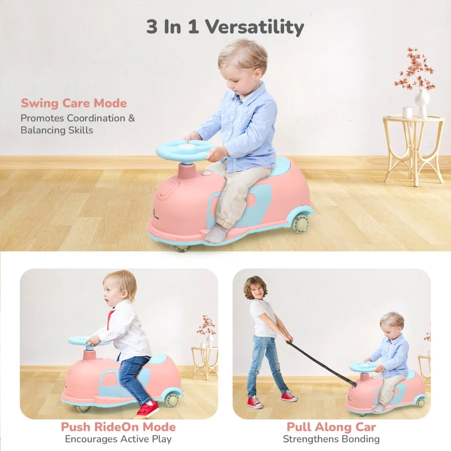 Iya Iya Caravan Swing car – 3-in-1 Multipurpose Ride-On with PU LED Wheels - Pink Blue - Image 3