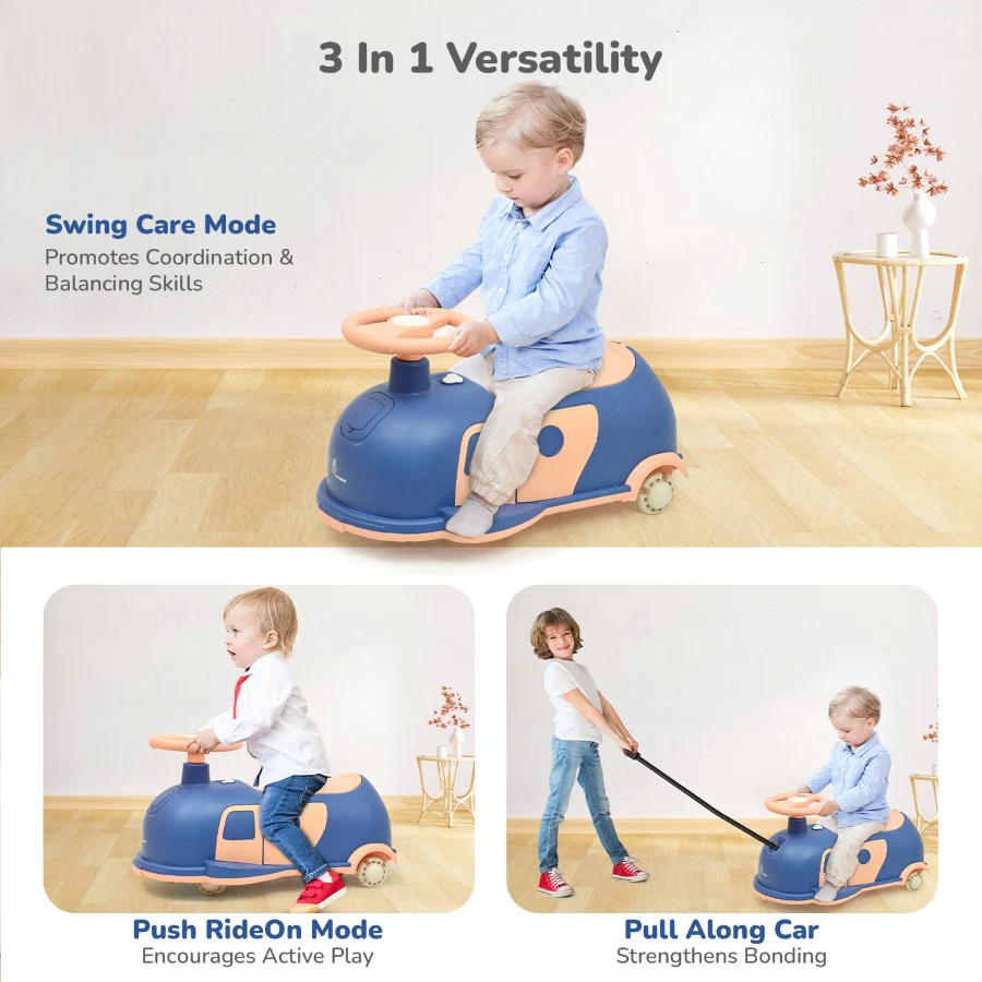 Iya Iya Caravan Swing car – 3-in-1 Multipurpose Ride-On with PU LED Wheels - Blue Peach - Image 3