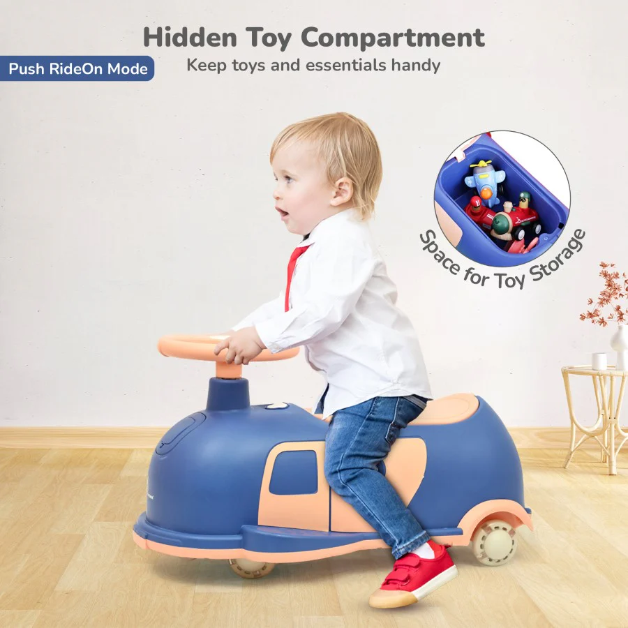 Iya Iya Caravan Swing car – 3-in-1 Multipurpose Ride-On with PU LED Wheels - Blue Peach - Image 7