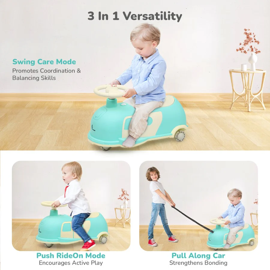Iya Iya Caravan Swing car – 3-in-1 Multipurpose Ride-On with PU LED Wheels - Green Beige - Image 3