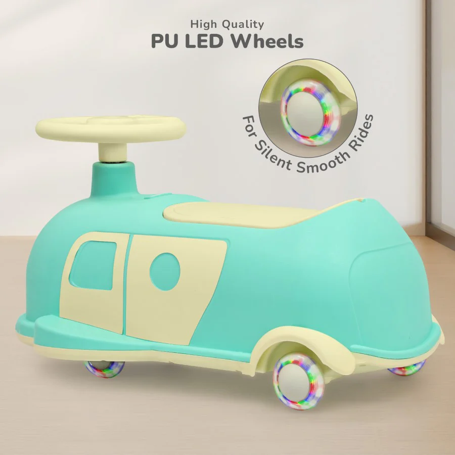 Iya Iya Caravan Swing car – 3-in-1 Multipurpose Ride-On with PU LED Wheels - Green Beige - Image 4