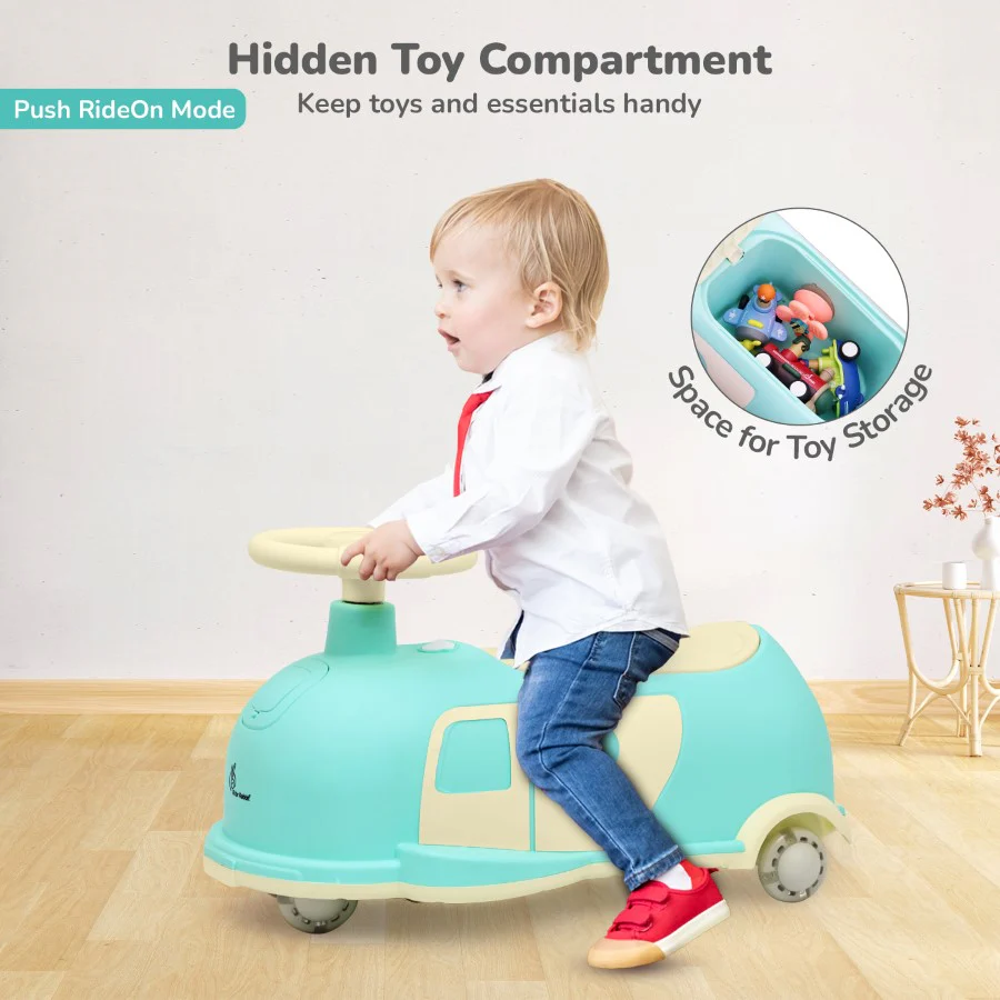 Iya Iya Caravan Swing car – 3-in-1 Multipurpose Ride-On with PU LED Wheels - Green Beige - Image 7