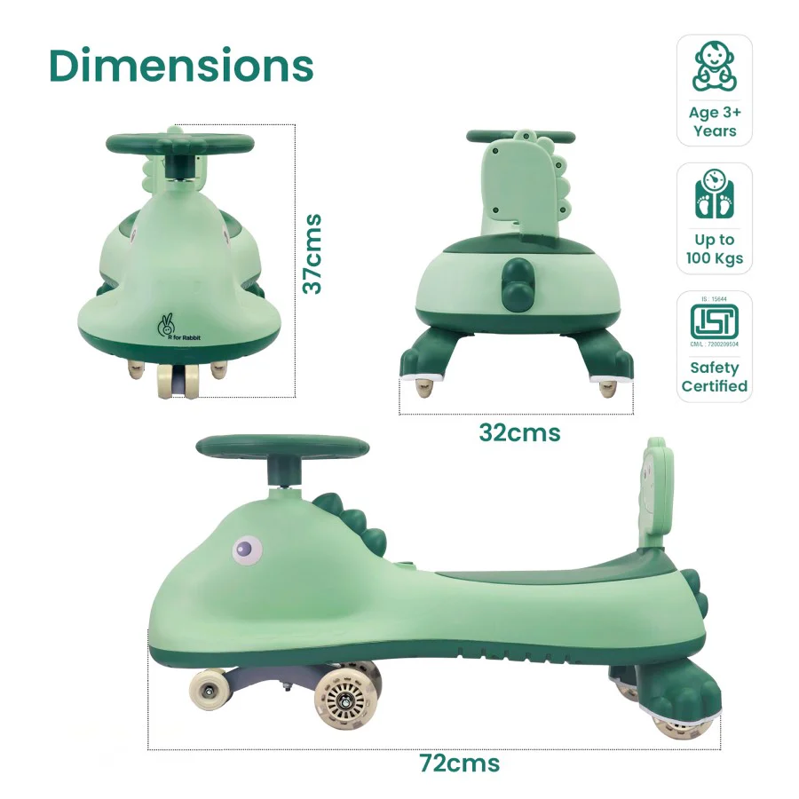 Iya Iya Dino Swing Car For Kids - Inbuilt Music With Light, PU LED Wheels, ABEC 7 Bearing, Up to 100 Kgs Capacity - Sea Green - Image 7