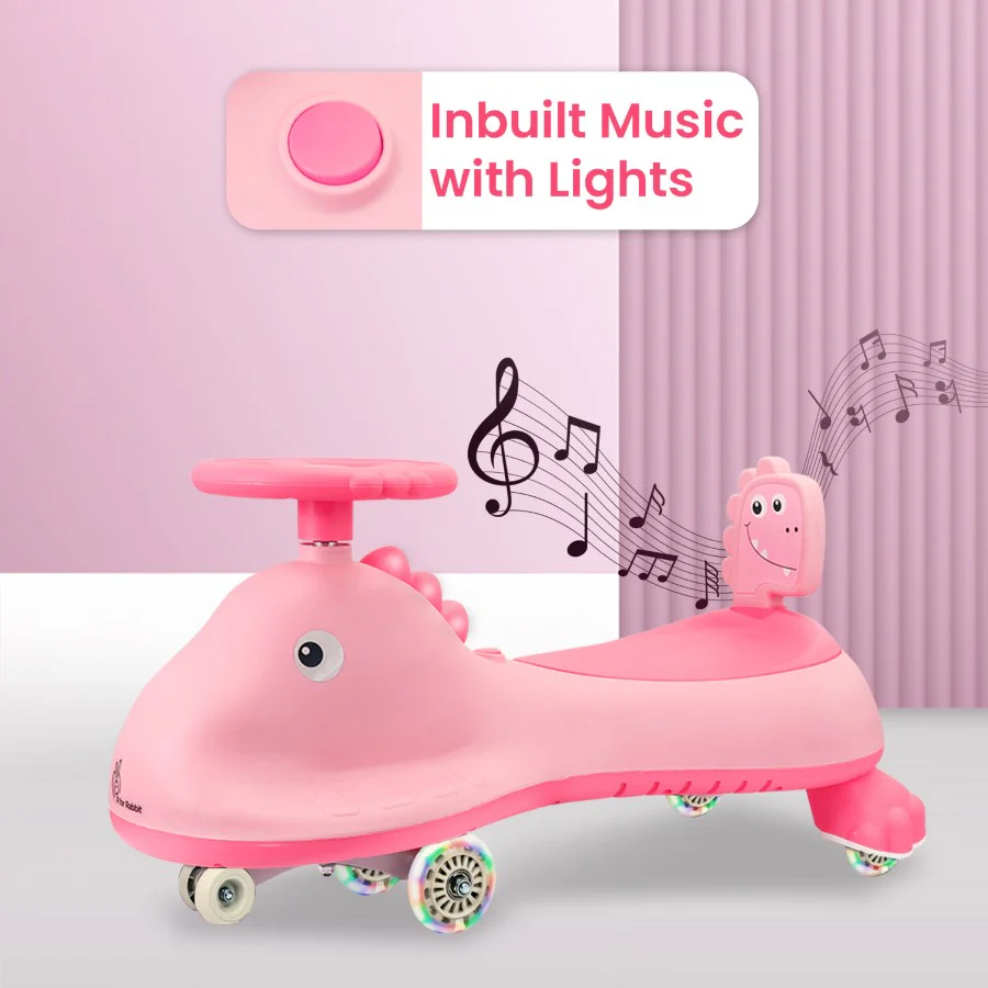 Iya Iya Dino Swing Car For Kids - Inbuilt Music With Light, PU LED Wheels, ABEC 7 Bearing, Up to 100 Kgs Capacity - Blush Pink - Image 3
