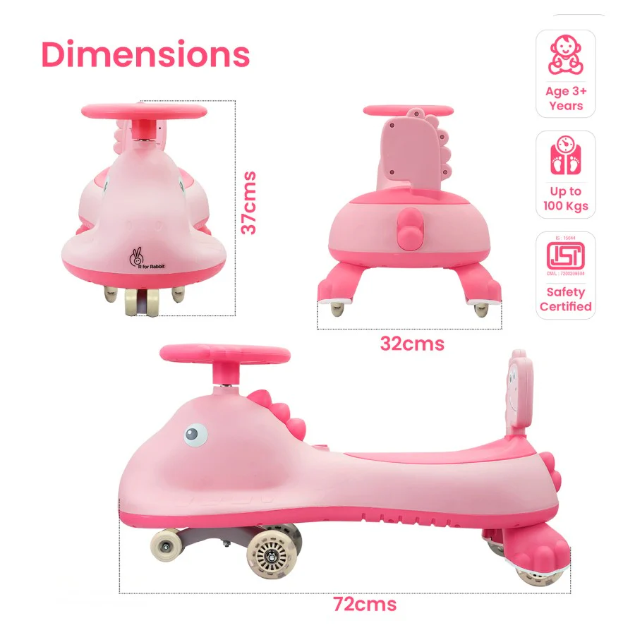 Iya Iya Dino Swing Car For Kids - Inbuilt Music With Light, PU LED Wheels, ABEC 7 Bearing, Up to 100 Kgs Capacity - Blush Pink - Image 7
