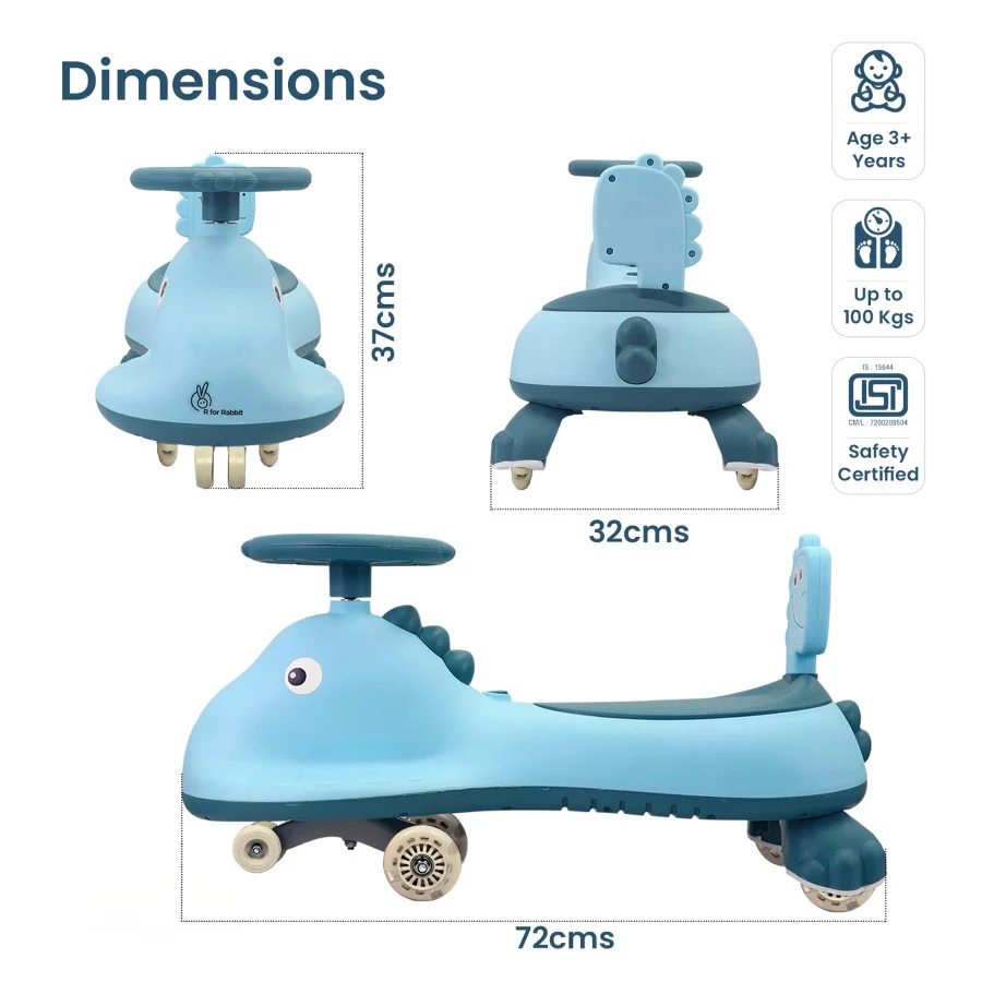 Iya Iya Dino Swing Car For Kids - Inbuilt Music With Light, PU LED Wheels, ABEC 7 Bearing, Up to 100 Kgs Capacity - Sky Blue - Image 7