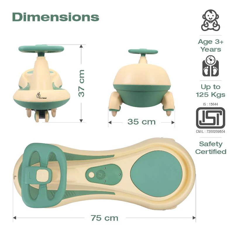 Iya Iya Drift Swing Car - Inbuilt Music, Scratch Free PU Led Wheels, Up to 125 Kgs Capacity - Peach Green - Image 6