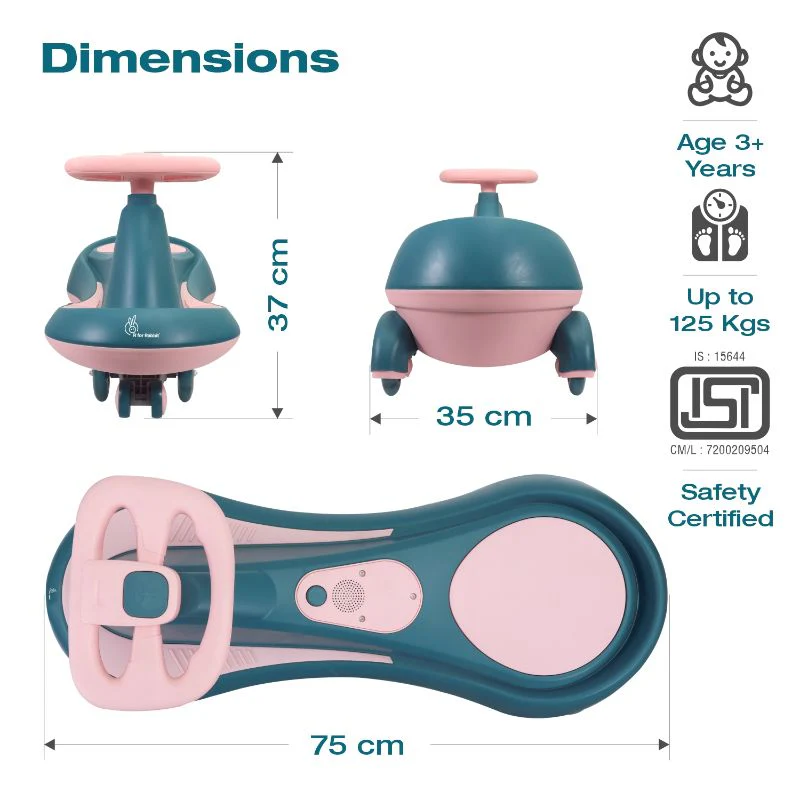 Iya Iya Drift Swing Car - Inbuilt Music, Scratch Free PU Led Wheels, Up to 125 Kgs Capacity - Green Pink - Image 6