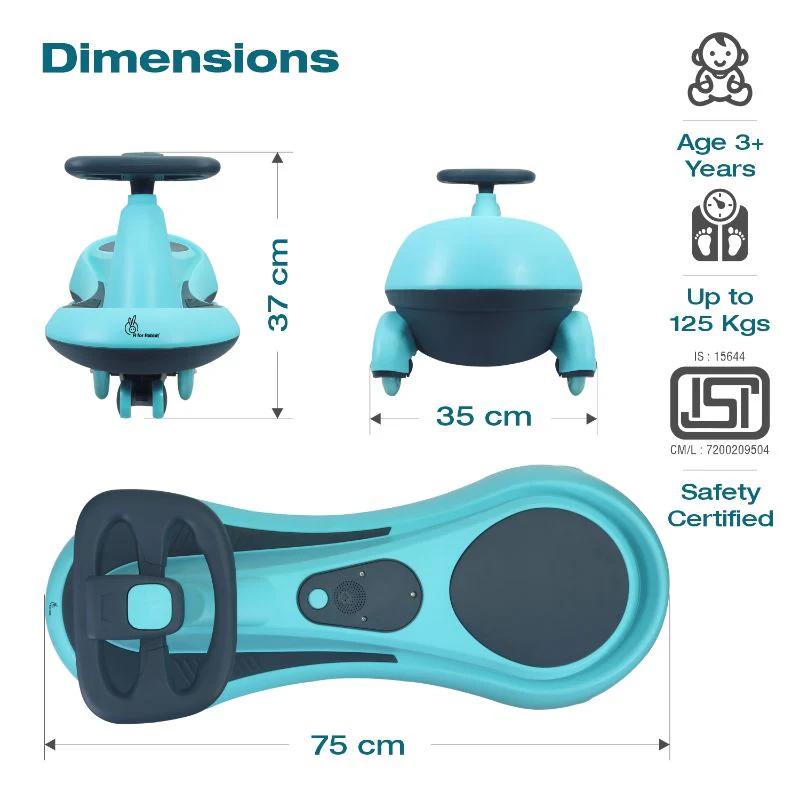 Iya Iya Drift Swing Car - Inbuilt Music, Scratch Free PU Led Wheels, Up to 125 Kgs Capacity - Sky Blue - Image 7