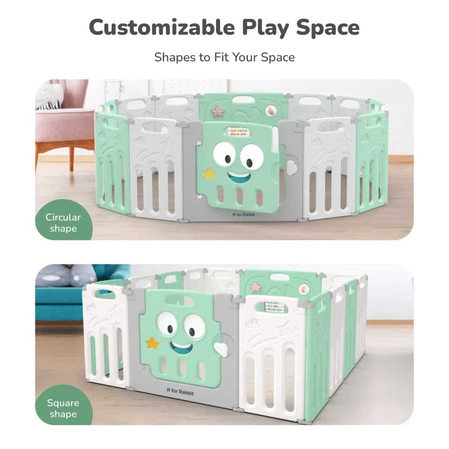 Joyland Playard For Kids 14-Panel Playard, Babies' Play Area, Indoor Setup - Green White - Image 3