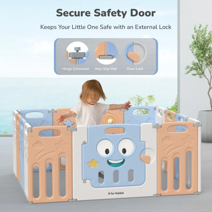 Joyland Playard For Kids 14-Panel Playard, Babies' Play Area, Indoor Setup - Blue Orange - Image 7