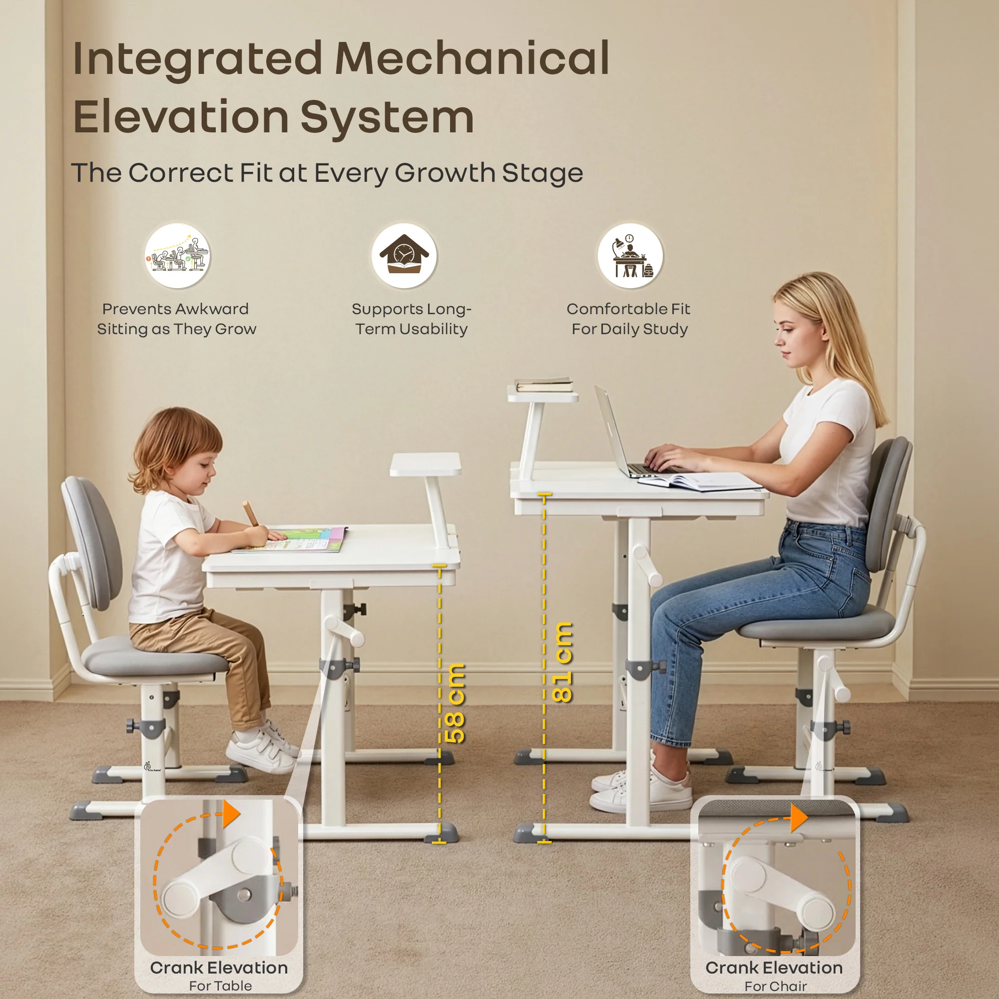 Kiddie Grow Edge Kids Study Table & Chair Set 3-15 Years, Adjustable Height, Storage Drawer & Bookshelf - White Grey - Image 2